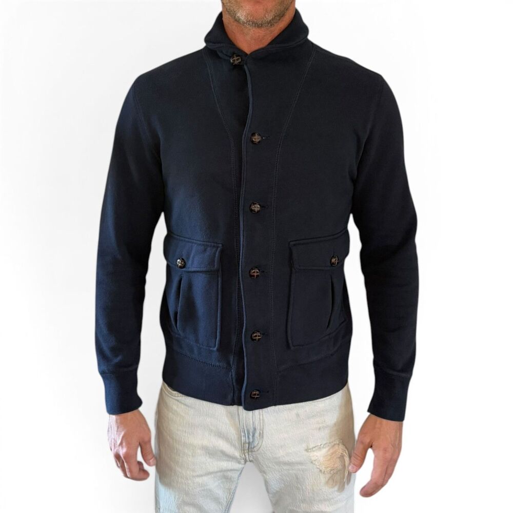 Men’s Medium Navy Button Front Cardigan Jacket Fleece Pockets - Picture 2 of 10